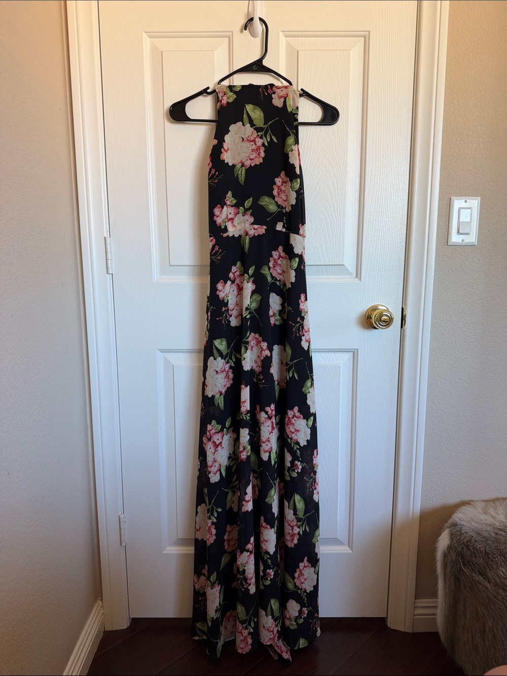 Forever 21 Black Floral Halter-Style Maxi Dress with Pink Blossoms